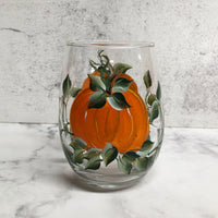 Autumn Pumpkins Hand Painted Stemless Wine Glass (Single Glass)