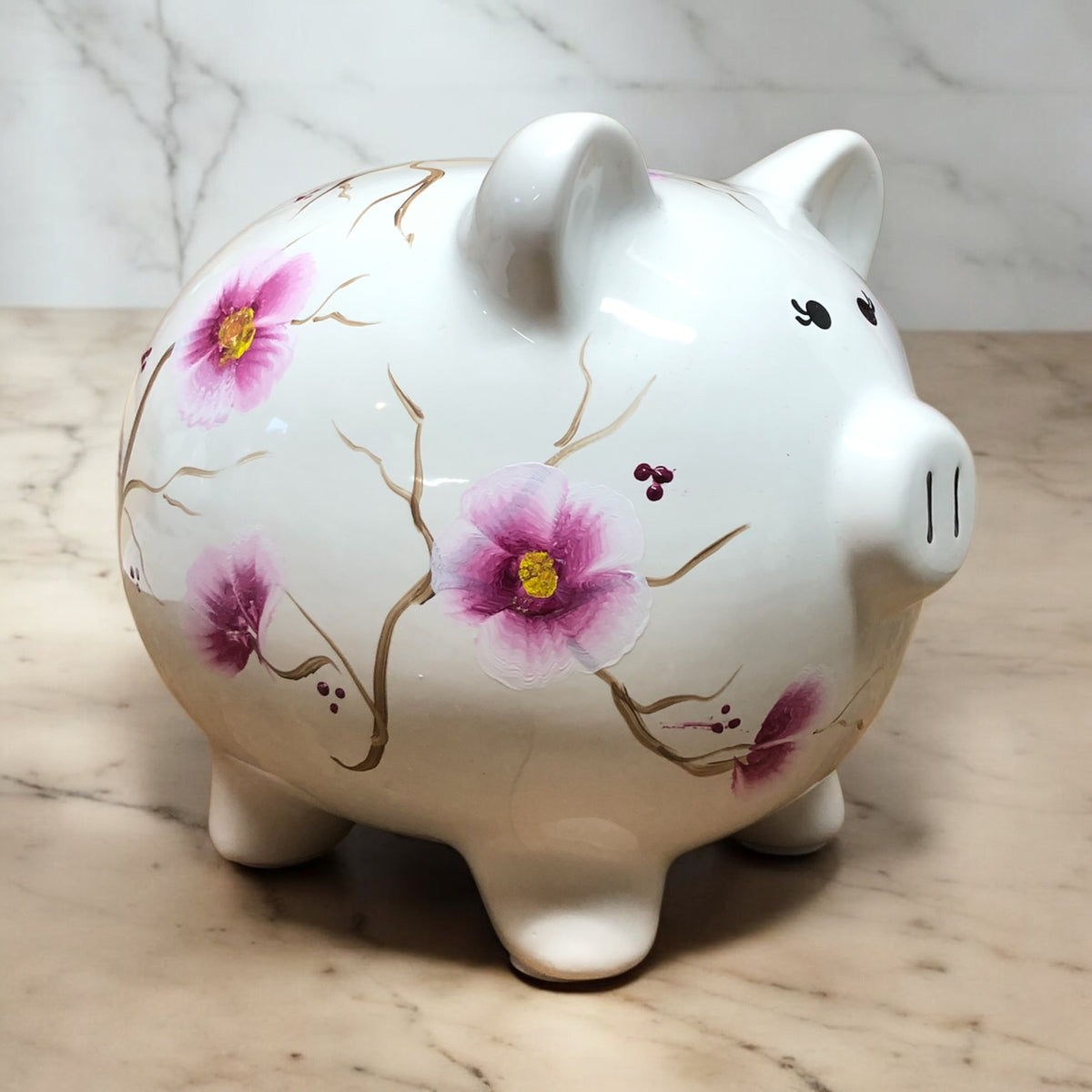 Personalized Burgundy and White Floral Piggy Bank