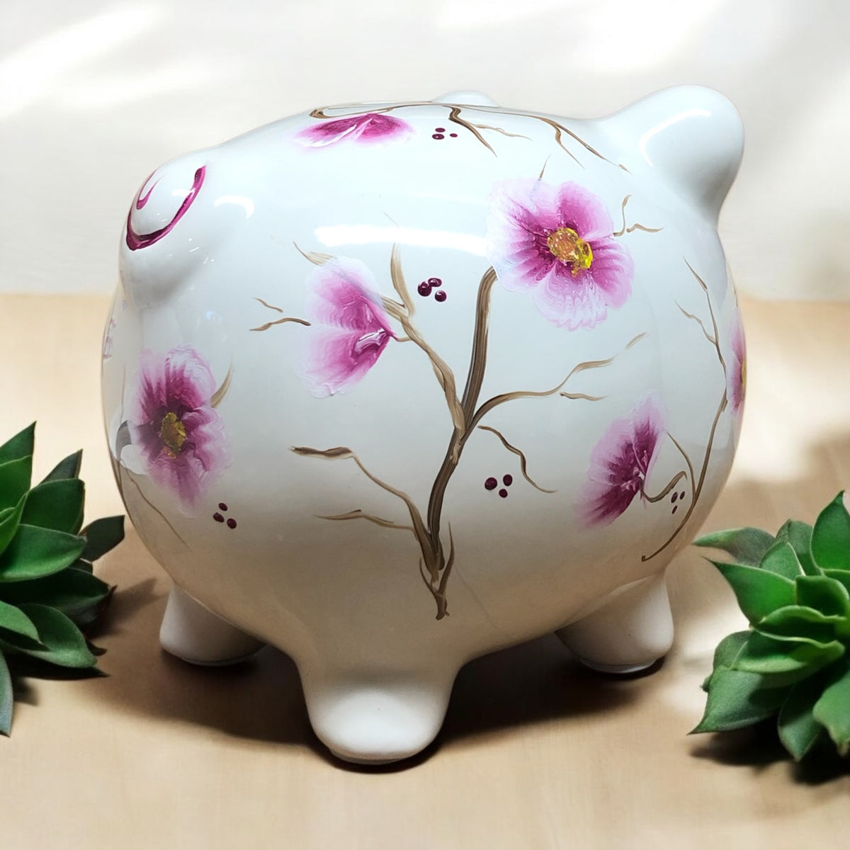 Personalized Burgundy and White Floral Piggy Bank