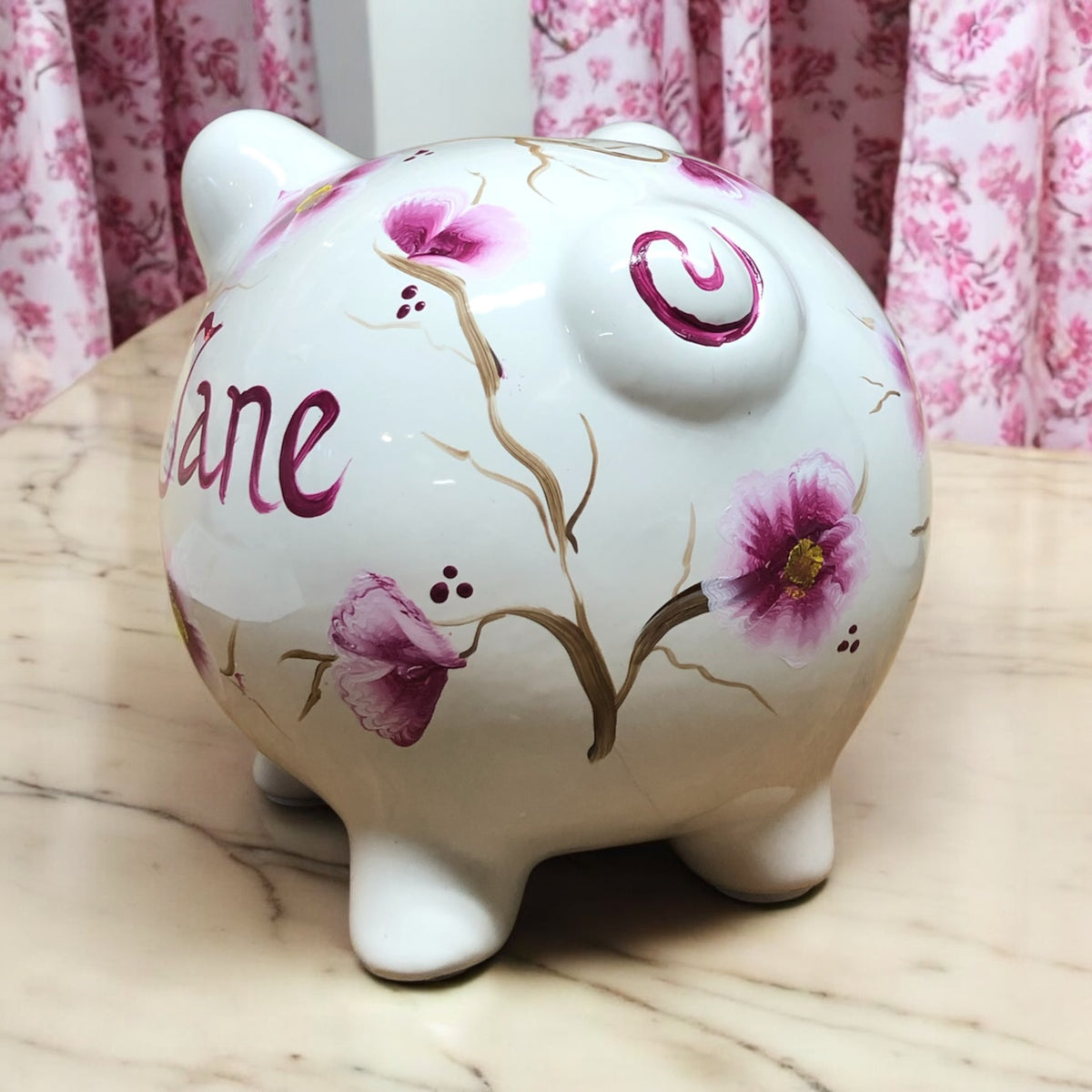 Personalized Burgundy and White Floral Piggy Bank