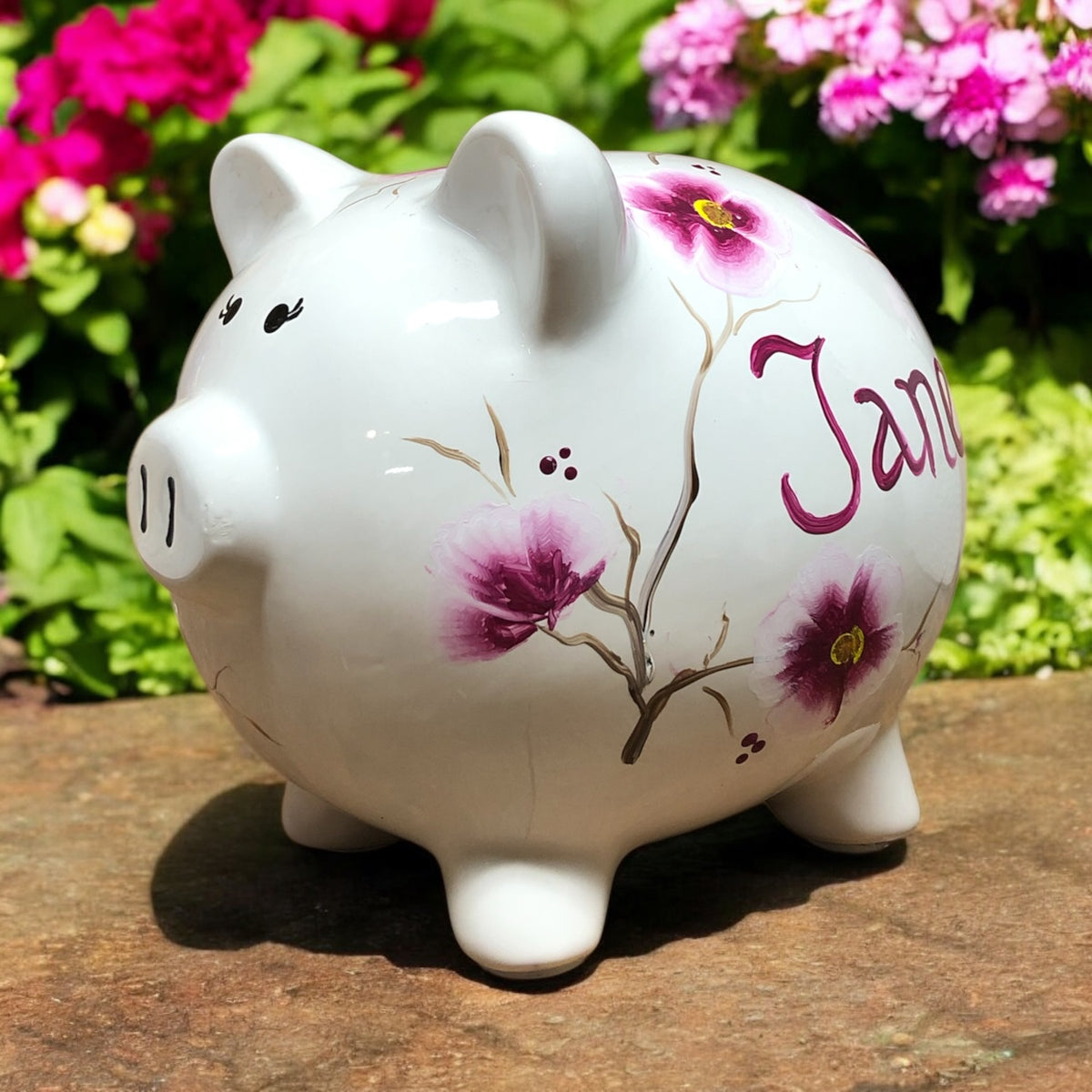 Personalized Burgundy and White Floral Piggy Bank