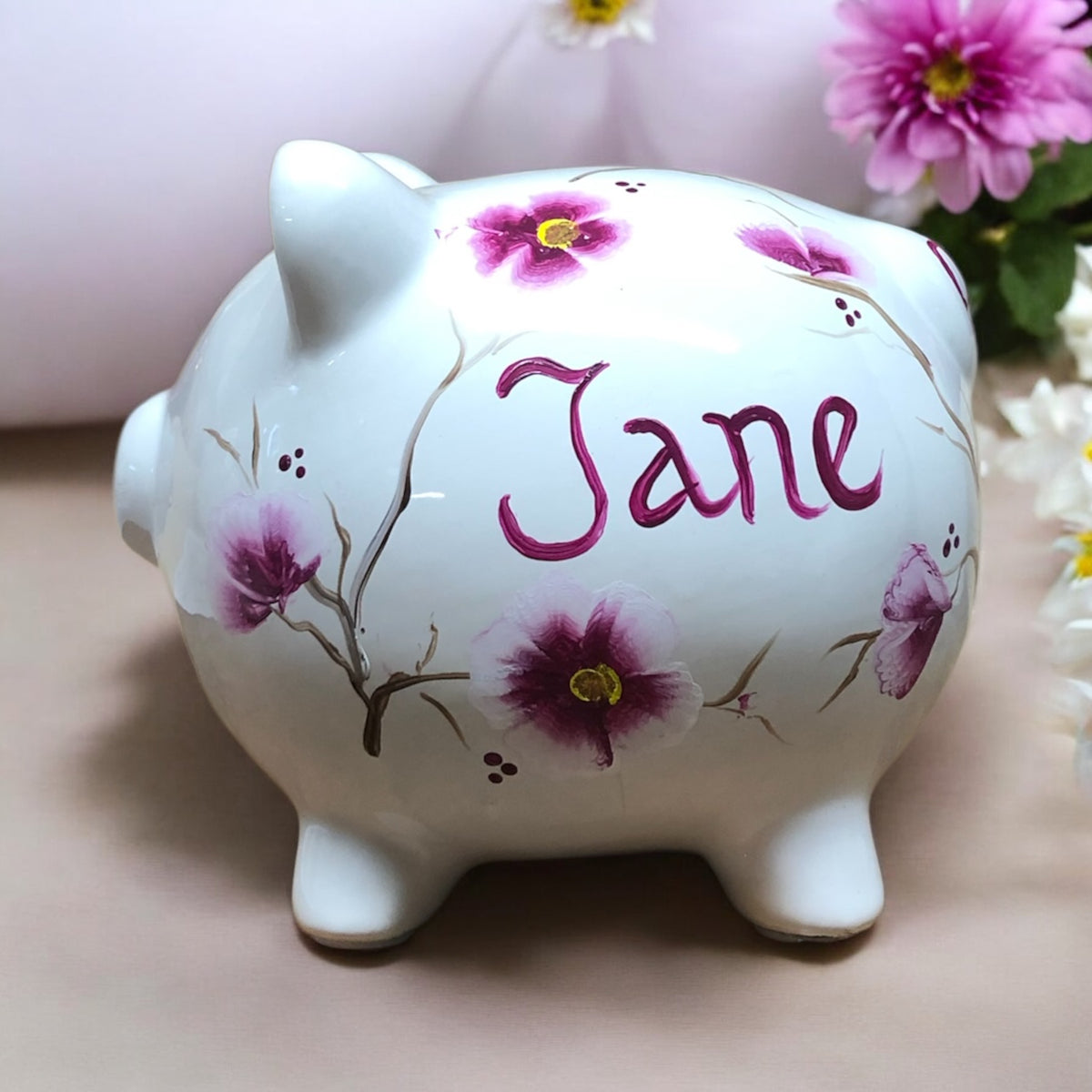 Personalized Burgundy and White Floral Piggy Bank