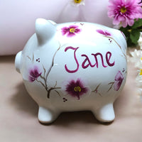 Personalized Burgundy and White Floral Piggy Bank