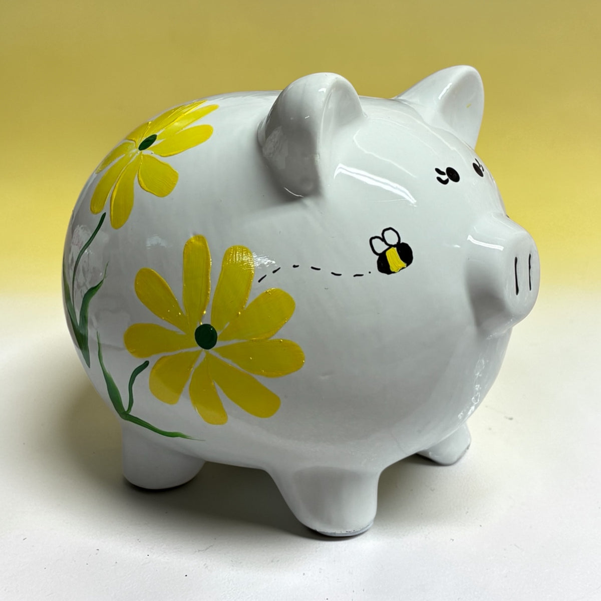 Hand Painted Daisies and Bumble Bees Piggy Bank