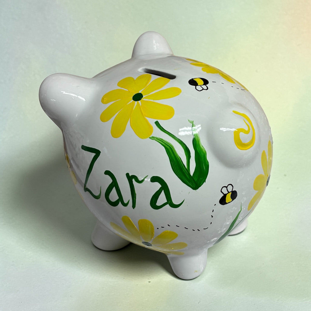 Hand Painted Daisies and Bumble Bees Piggy Bank