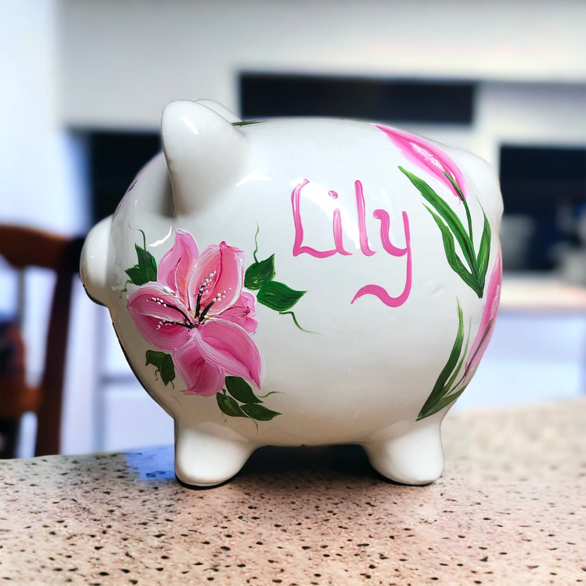 Personalized Pink Lilies Piggy Bank