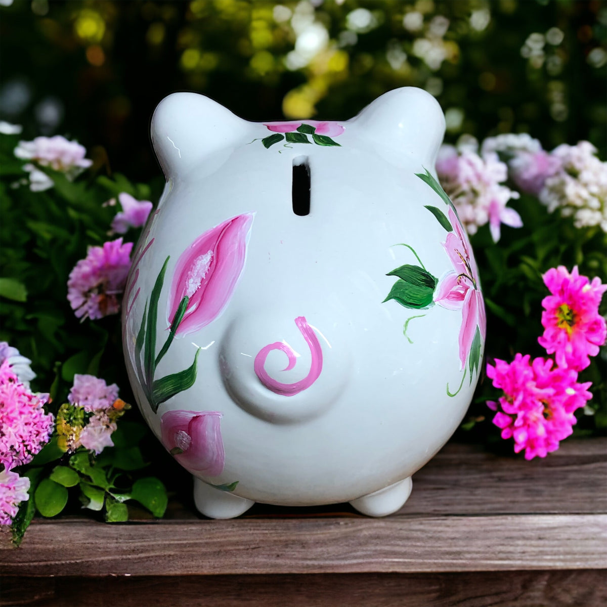 Personalized Pink Lilies Piggy Bank