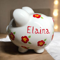 Personalized Red Floral Piggy Bank