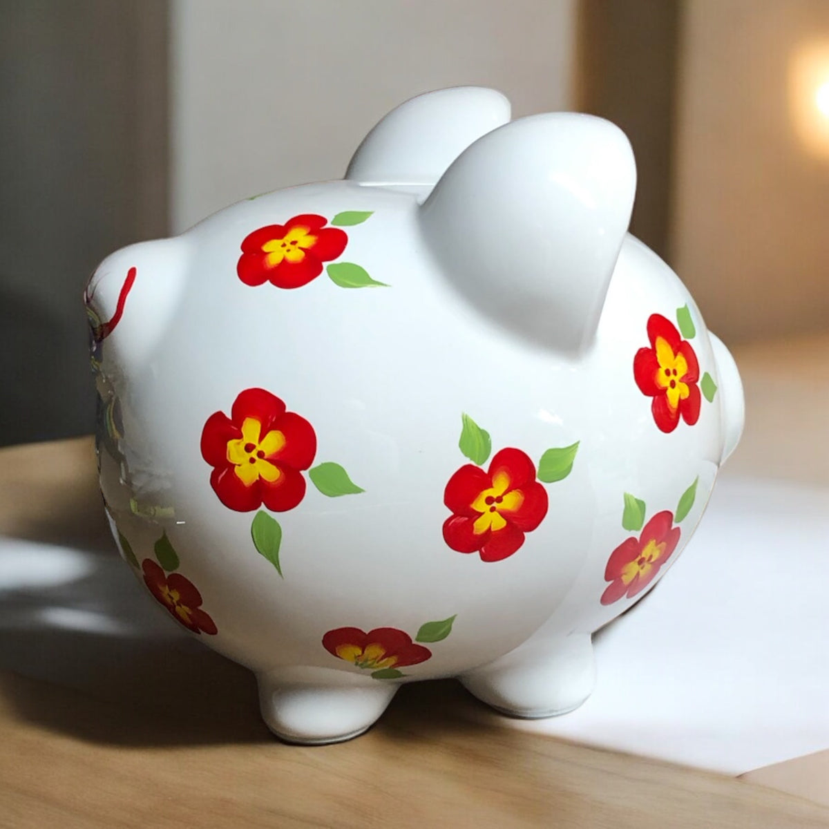 Personalized Red Floral Piggy Bank