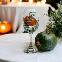 Hand Painted Wine Glass - Autumn Pumpkins (Single Glass)