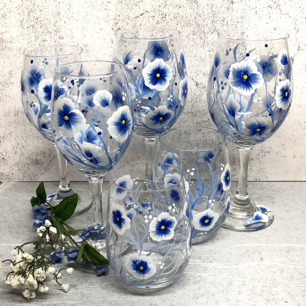 Hand Painted Wine Glasses - Blue and White Flowers (Set of 2)