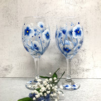 Hand Painted Wine Glasses - Blue and White Flowers (Set of 2)