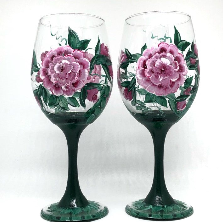 Hand Painted Pink Cabbage Rose Wine Glasses (Set of 2)