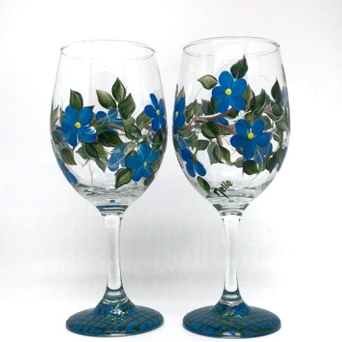 Hand Painted Blue Floral Wine Glasses (Set of 2)