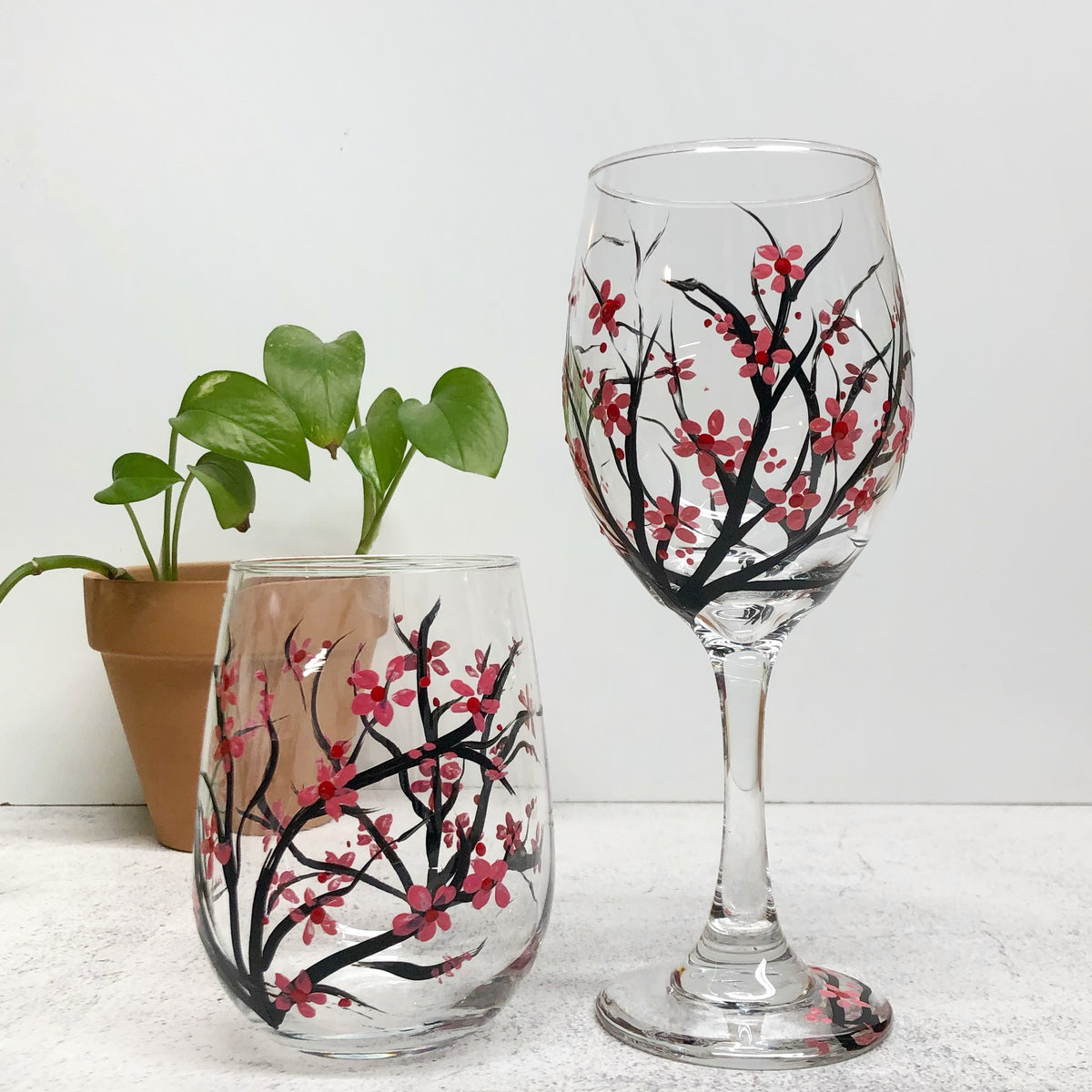 Painted Small Cherry Blossoms Wine Glass (Single Glass)