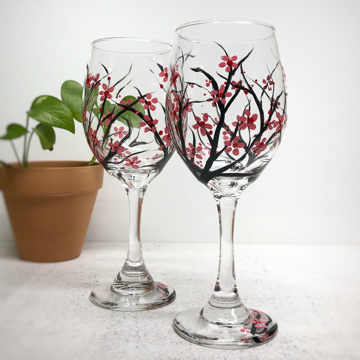 Hand Painted Cherry Blossom Wine Glasses (Set of 2)