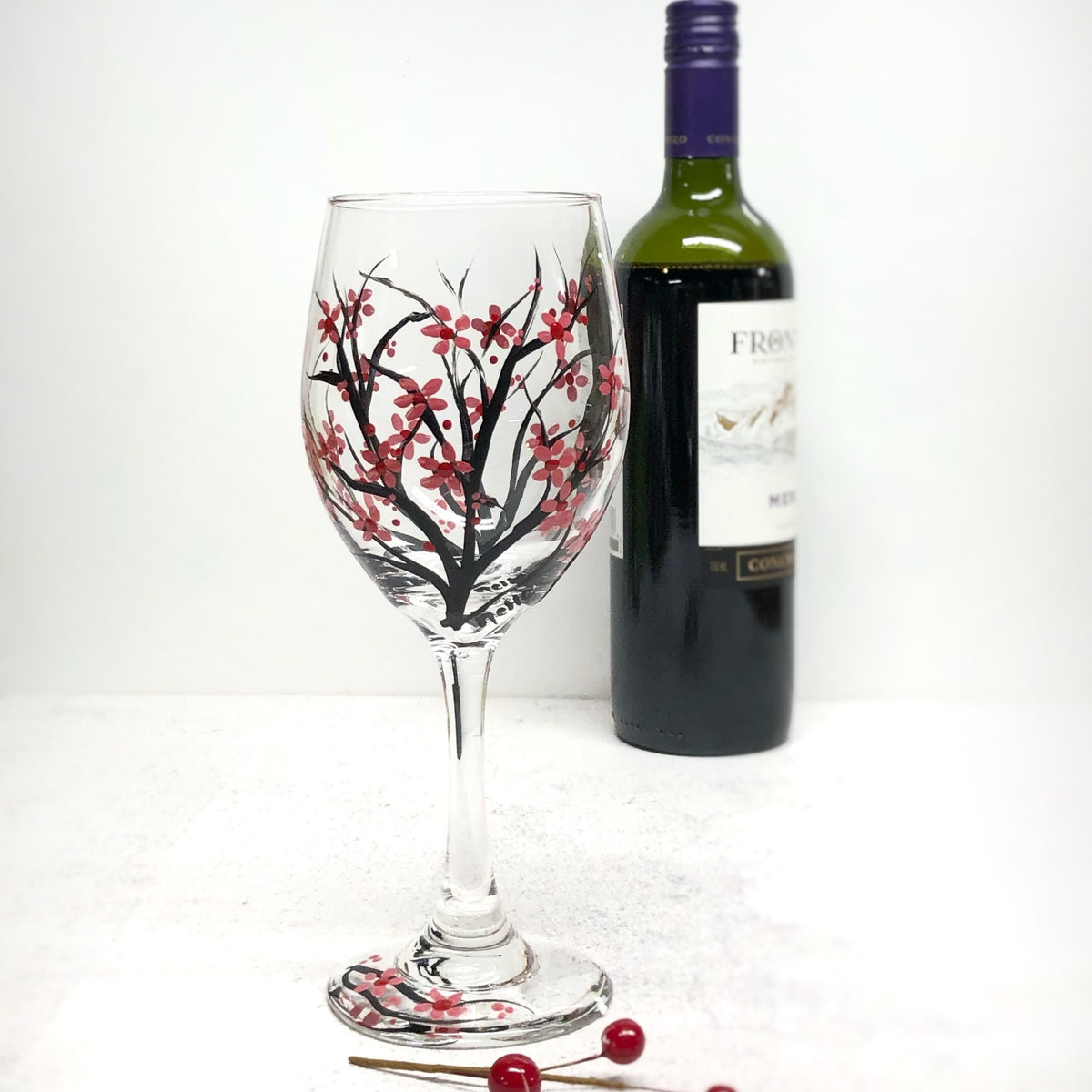 Painted Small Cherry Blossoms Wine Glass (Single Glass)