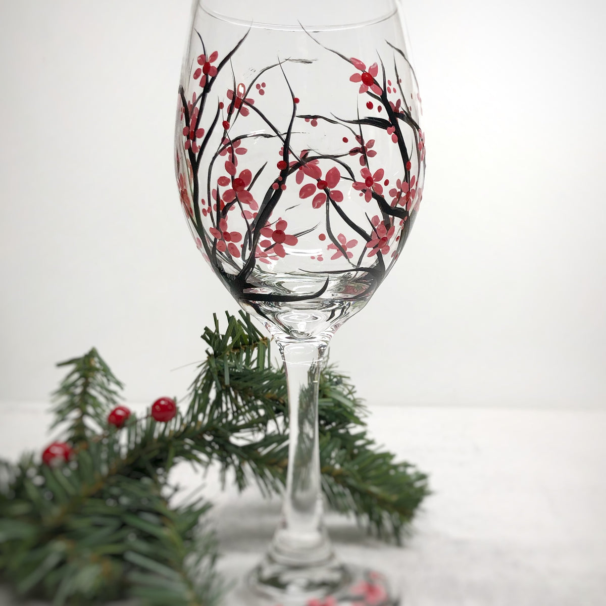 Painted Small Cherry Blossoms Wine Glass (Single Glass)