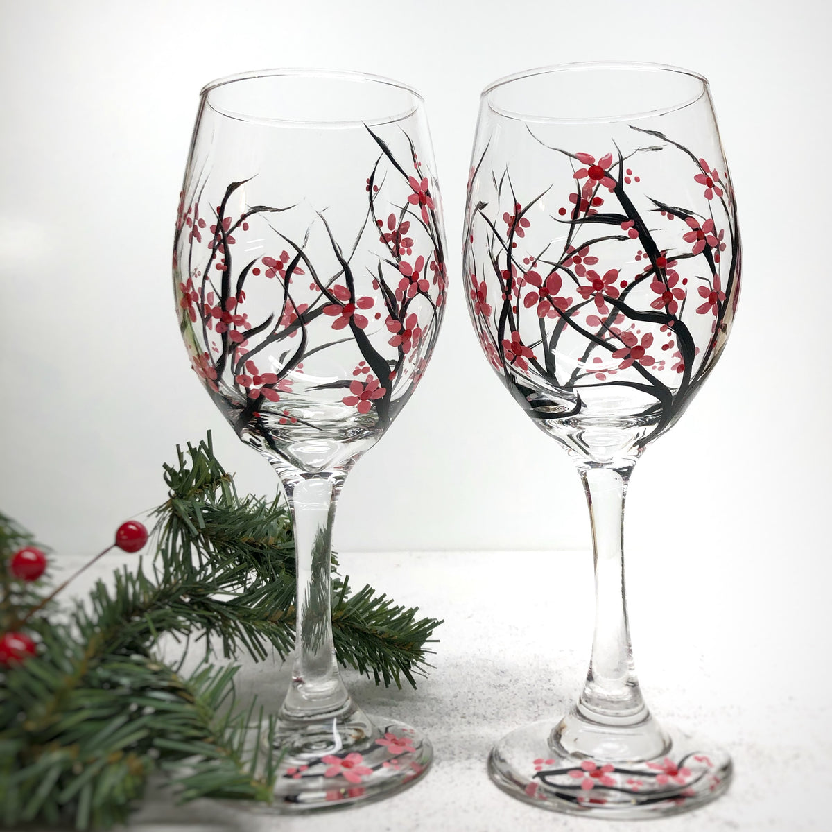 Hand Painted Cherry Blossom Wine Glasses (Set of 2)