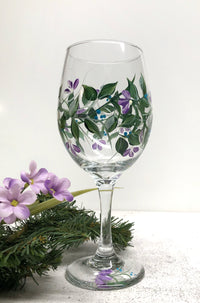 Hand Painted Wine Glass with Blue and Lavender Fowers (Single)