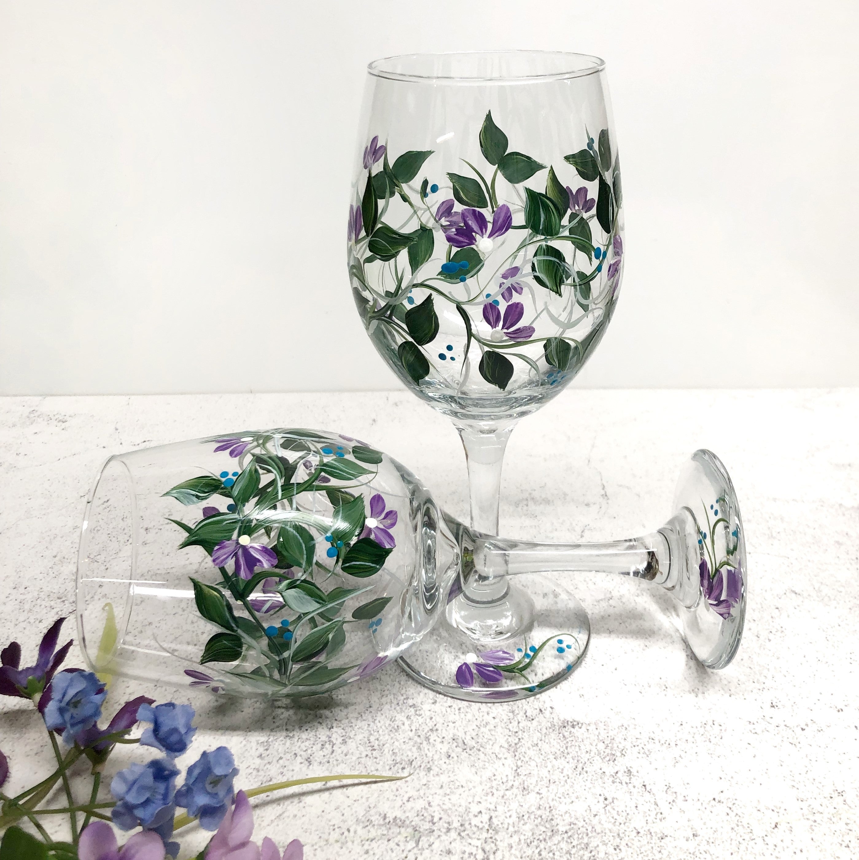 Wine glasses,Hand Painted Glass, Painted glasses, Flowers, Floral Design, Blue, Green, Leaves, Hand Painted, Wine online Glasses,Gift