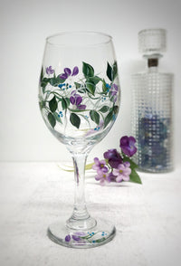 Hand Painted Wine Glass with Blue and Lavender Fowers (Single)