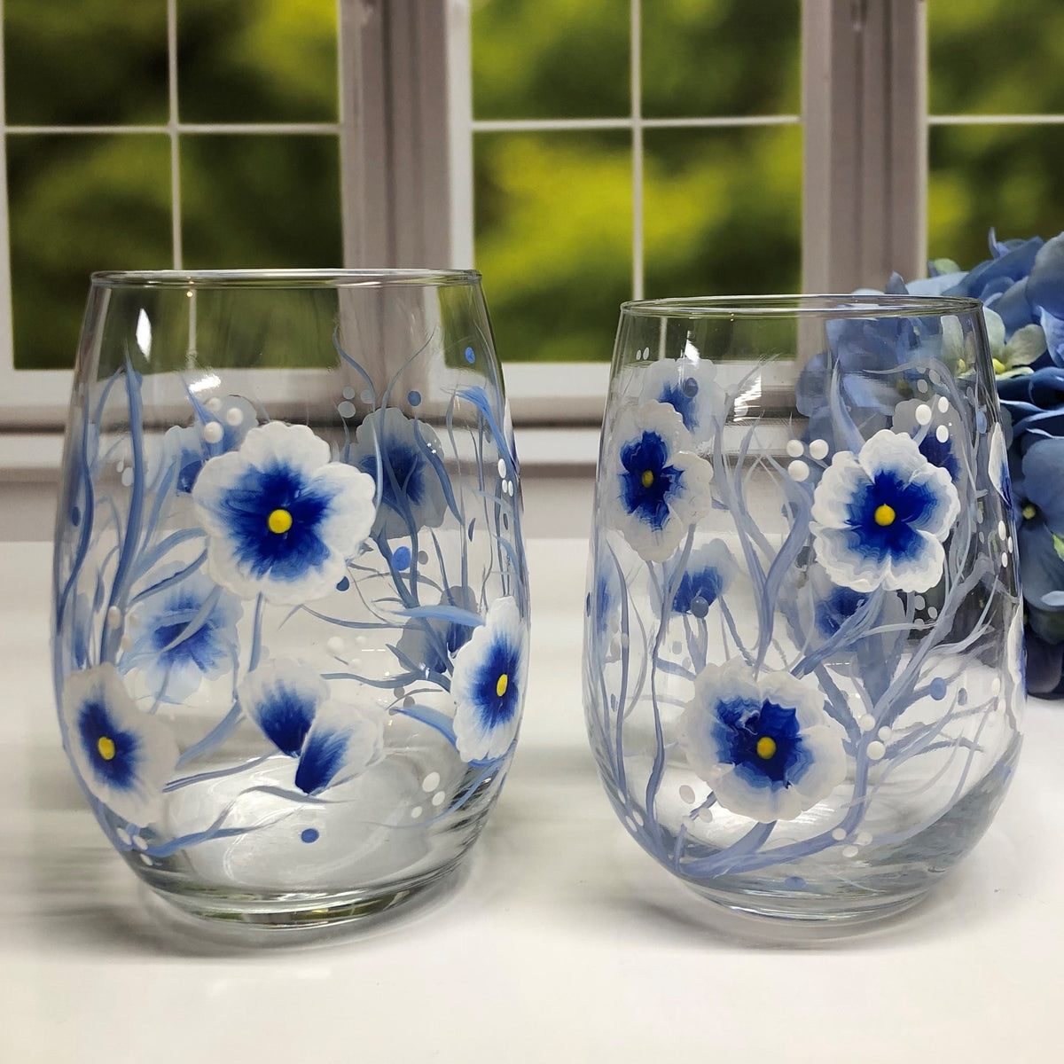 Hand Painted Wine Glasses - Blue and White Flowers (Set of 2)