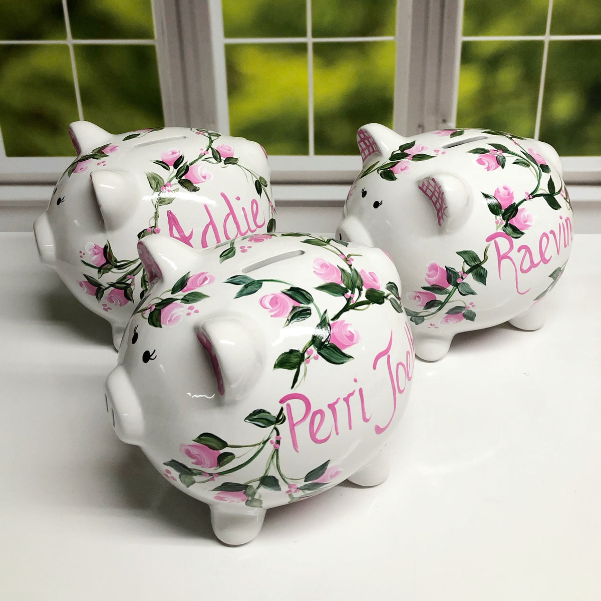 Personalized Pink Rosebud Piggy Bank