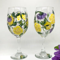 Hand Painted Yellow Roses and Lavender Flowers Wine Glasses (Set of 2)