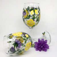 Hand Painted Yellow Roses and Lavender Flowers Wine Glasses (Set of 2)