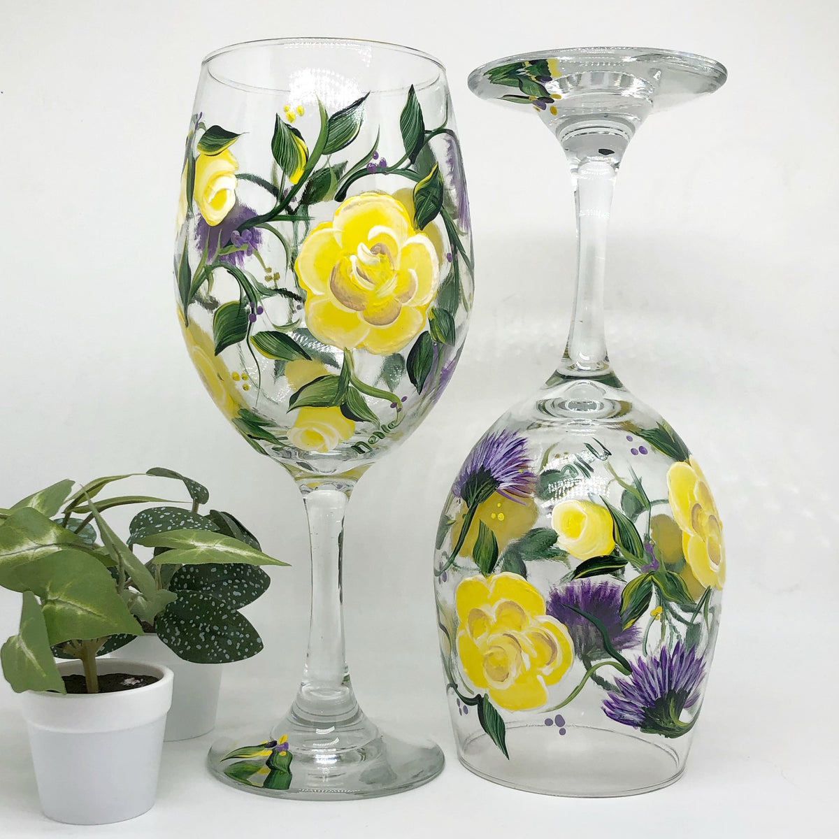 Hand Painted Yellow Roses and Lavender Flowers Wine Glasses (Set of 2)