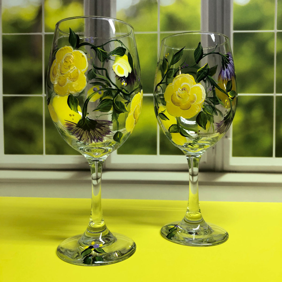 Hand Painted Yellow Roses and Lavender Flowers Wine Glasses (Set of 2)