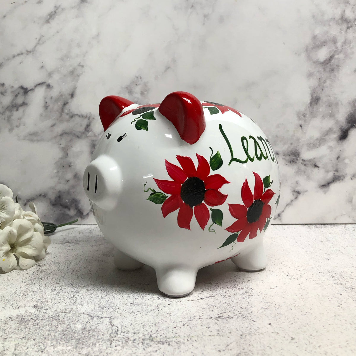 Hand Painted Personalized Red Floral Piggy Bank