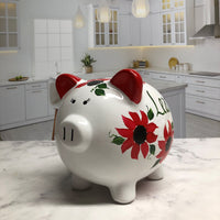 Hand Painted Personalized Red Floral Piggy Bank