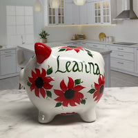 Hand Painted Personalized Red Floral Piggy Bank