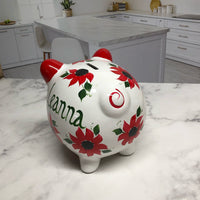 Hand Painted Personalized Red Floral Piggy Bank