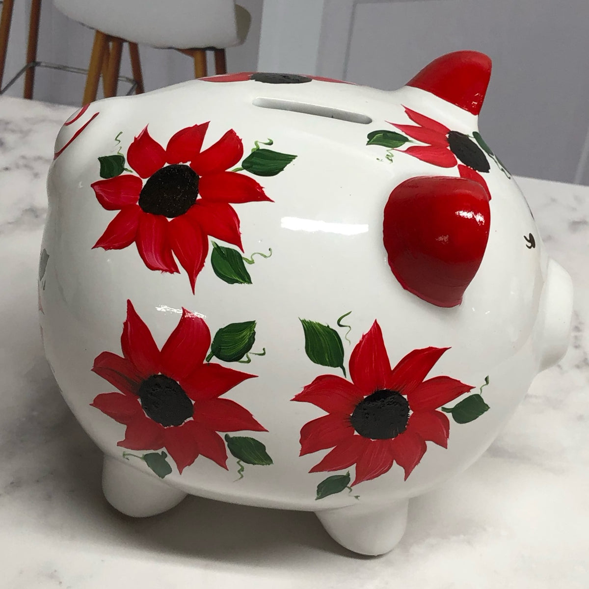 Hand Painted Personalized Red Floral Piggy Bank