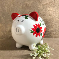 Hand Painted Personalized Red Floral Piggy Bank