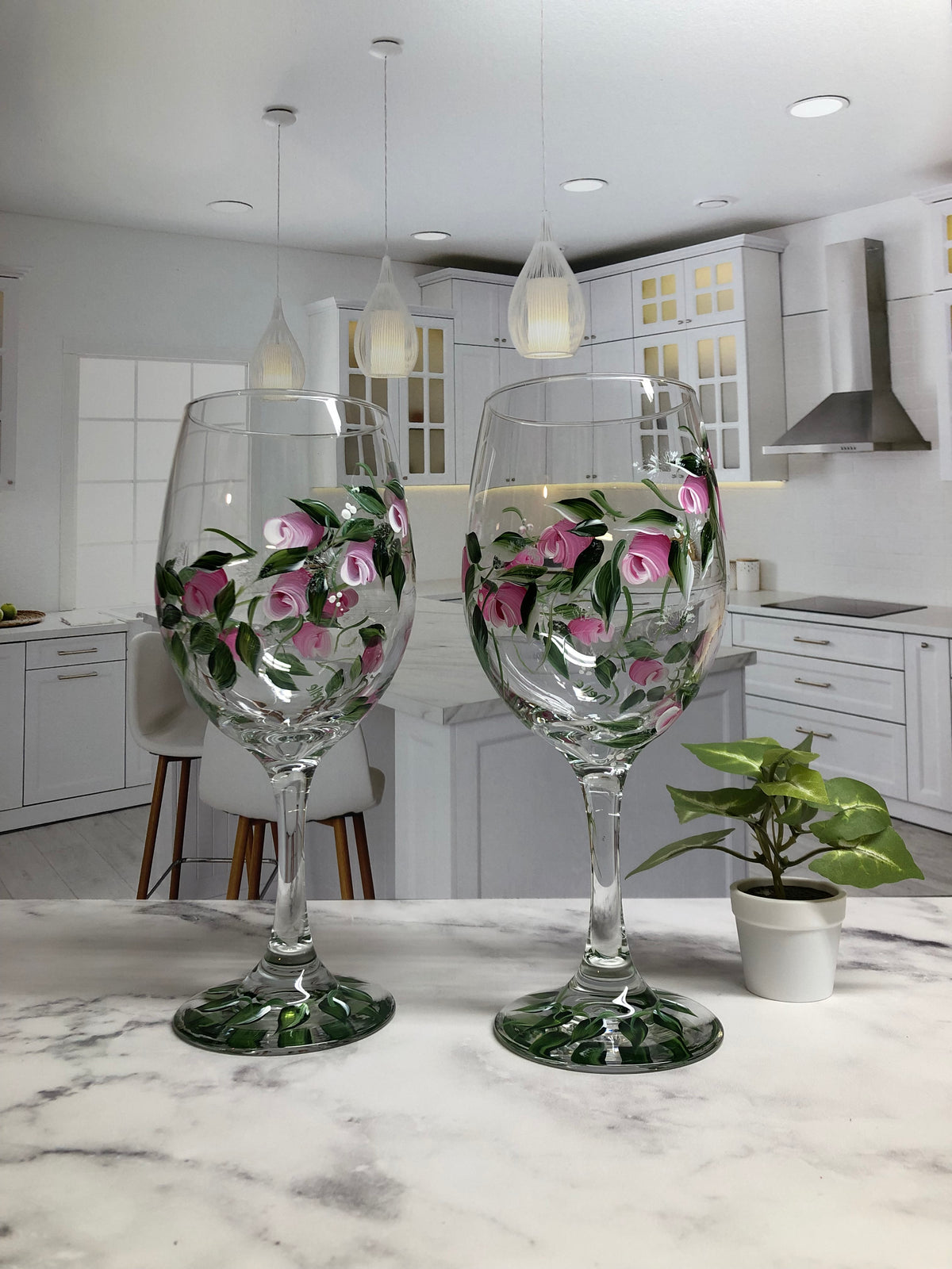 Hand Painted Wine Glasses - Pink Rosebuds Swirl (Set of 2)