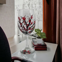 Hand Painted Red Blossoms Stemless Wine Glass (Single Glass)