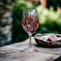 Hand Painted Red Blossoms Stemless Wine Glass (Single Glass)