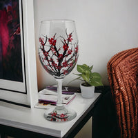 Hand Painted Red Blossoms Stemless Wine Glass (Single Glass)