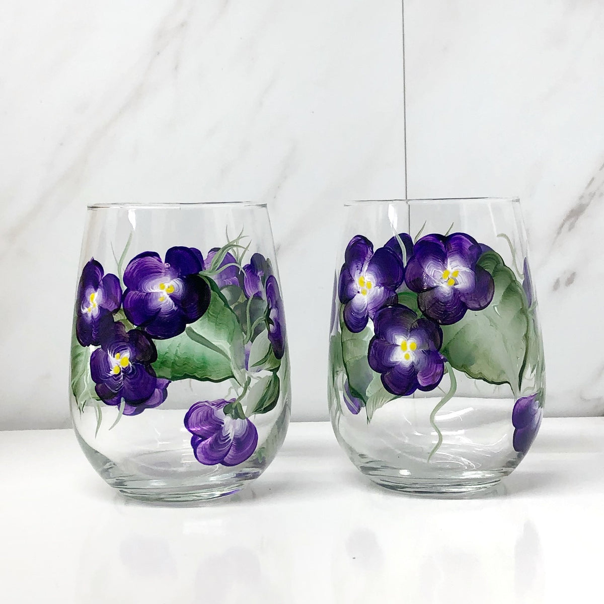 Hand Painted Violet Floral Wine Glasses (Set of 2)