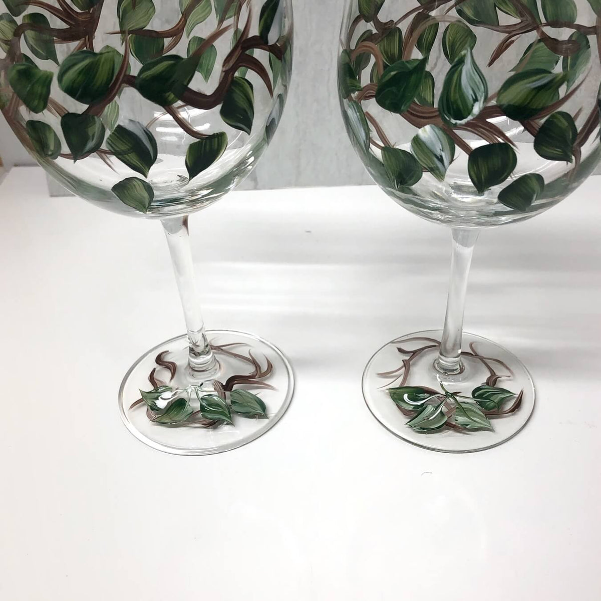 Hand Painted Leaves & Vines Wine Glasses (Set of 2)