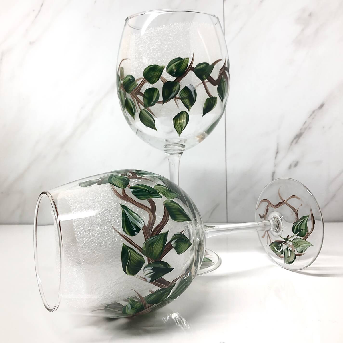 Hand Painted Leaves & Vines Wine Glasses (Set of 2)