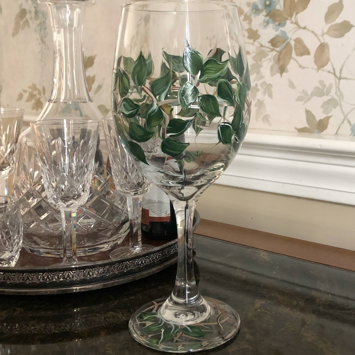 Hand Painted Leaves & Vines Wine Glasses (Set of 2)