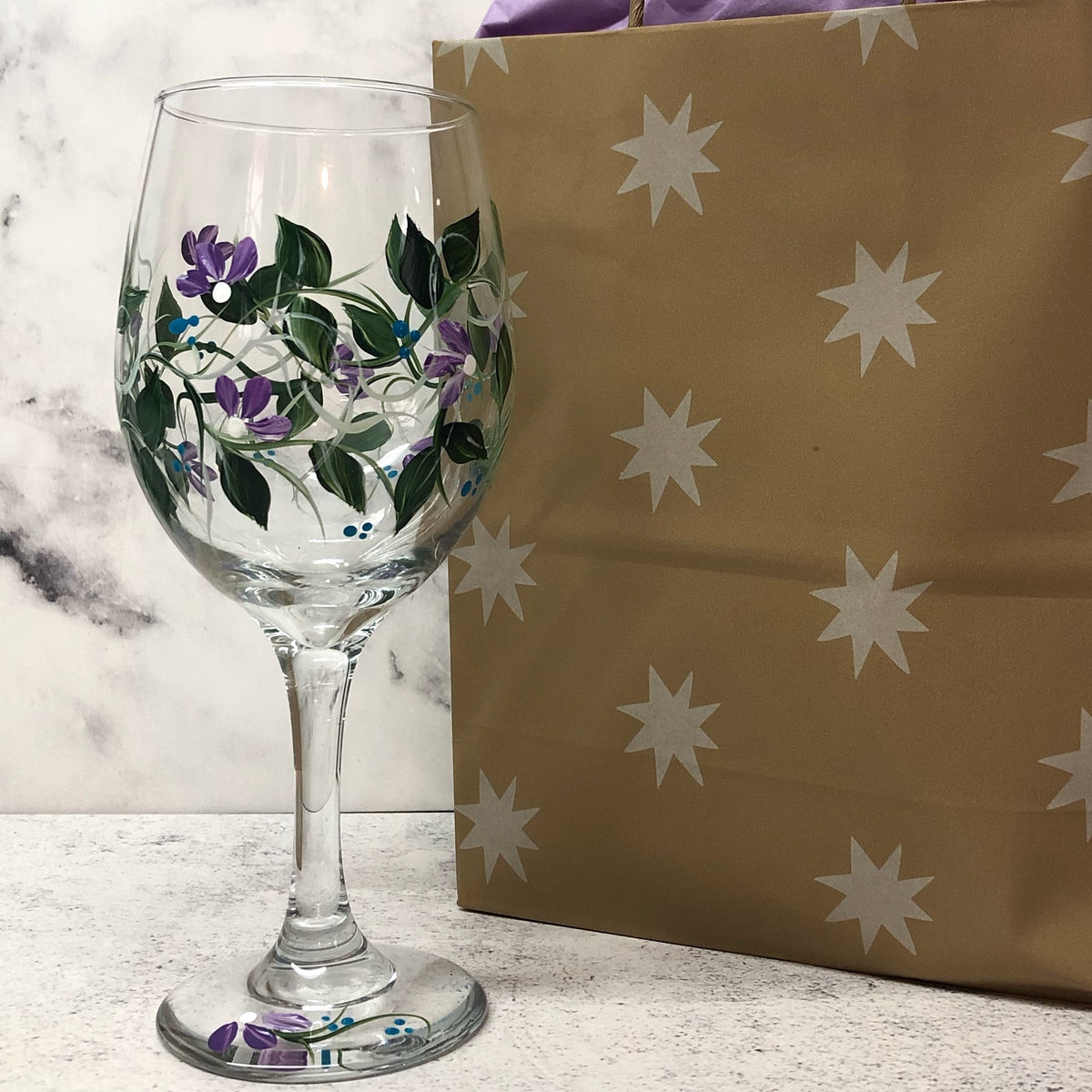 Hand Painted Wine Glass with Blue and Lavender Fowers (Single)