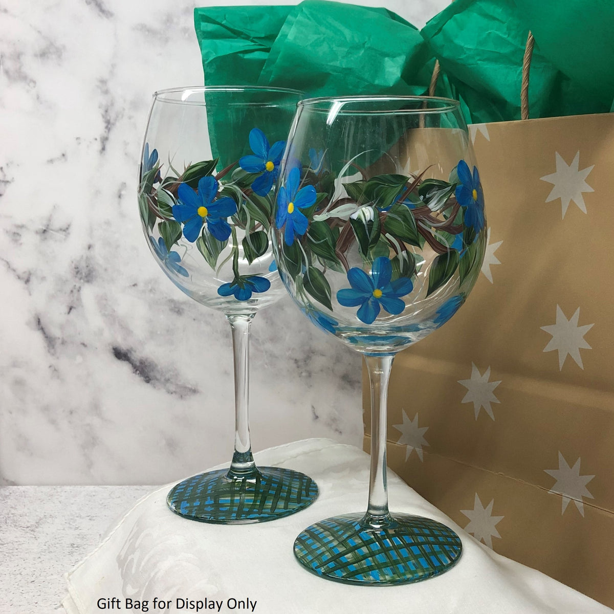 Hand Painted Blue Floral Wine Glasses (Set of 2)