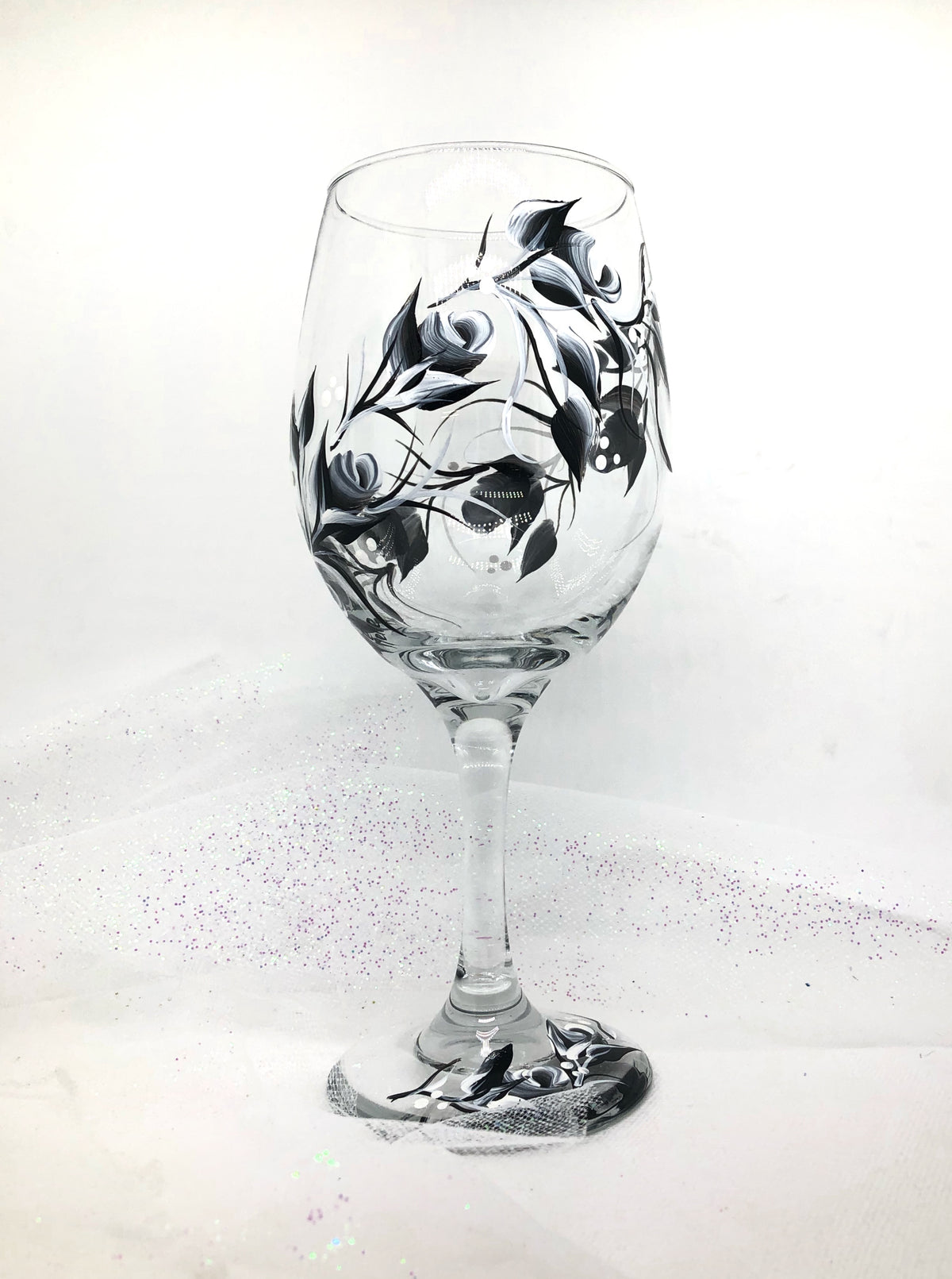 Hand Painted Black Rosebuds Wine Glass (Single Glass)