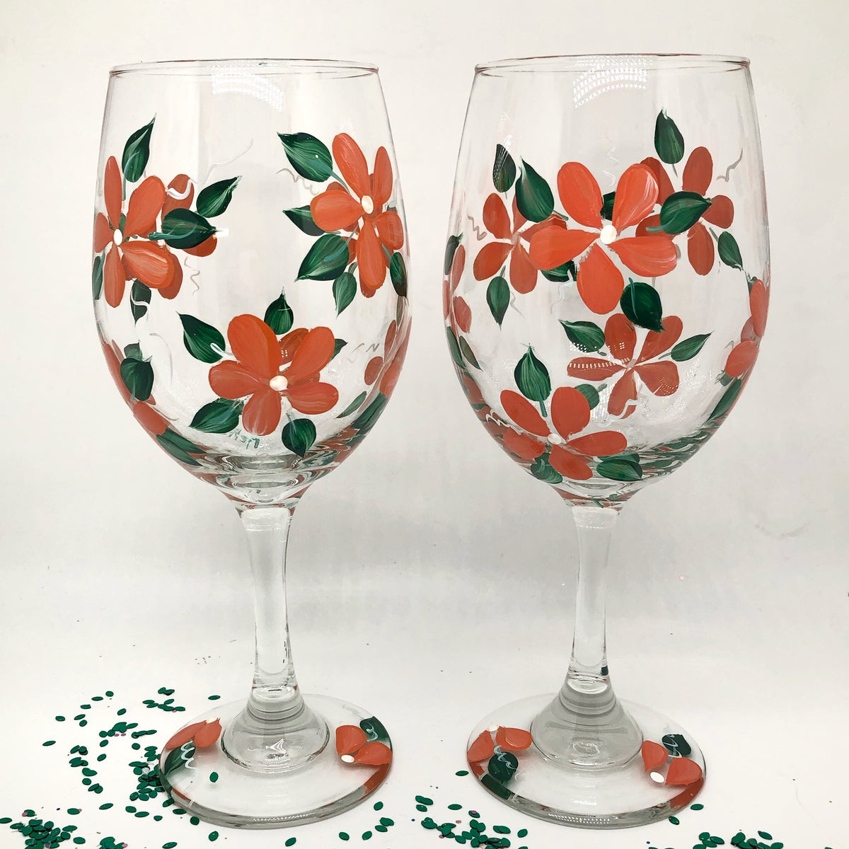 Hand Painted Wine Glasses - Coral Daisies (Set of 2)